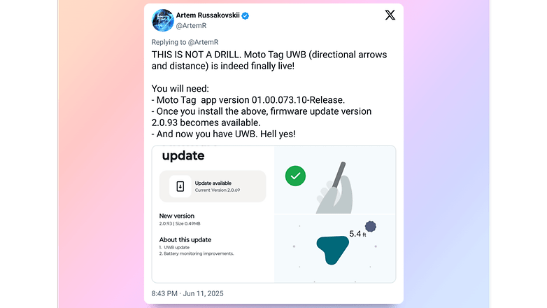 更新 Moto Tag 至版本 2.0.93 需要最新版的 Moto Tag 应用。／© X 用户 ArtemR