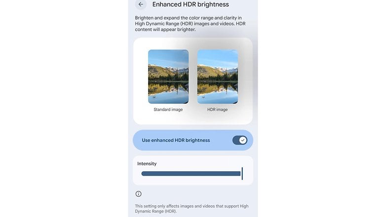 新的“增强型 HDR 亮度”功能提供了一个开关和滑块，用于调节 HDR 效果的强度。