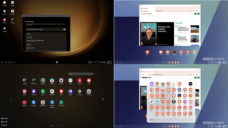 三星在 One UI 7 中的旧版 DeX 模式 vs. 基于 Android 16 桌面模式的 One UI 8 新版 DeX 模式。