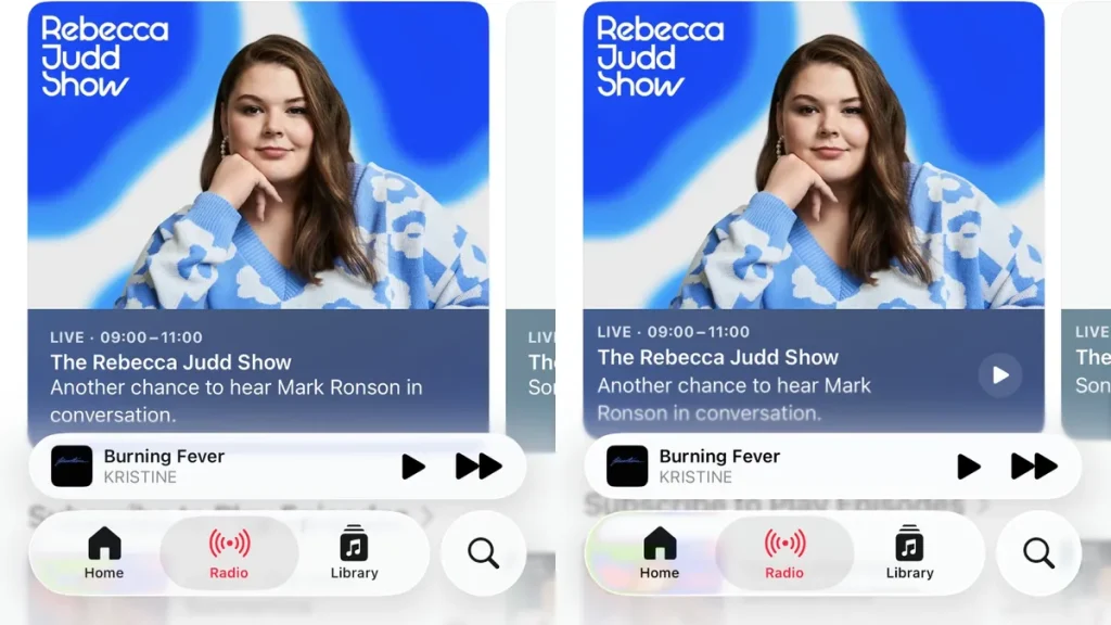 Apple Music 应用中的液态玻璃效果。iOS 26 第三版测试版中更新的版本在右侧。